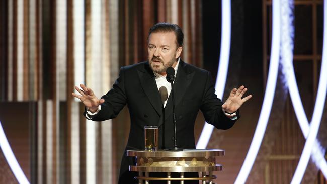 The 2020 host Ricky Gervais mocked nearly every star in sigh. Picture: Paul Drinkwater/NBCUniversal Media, LLC via Getty Images