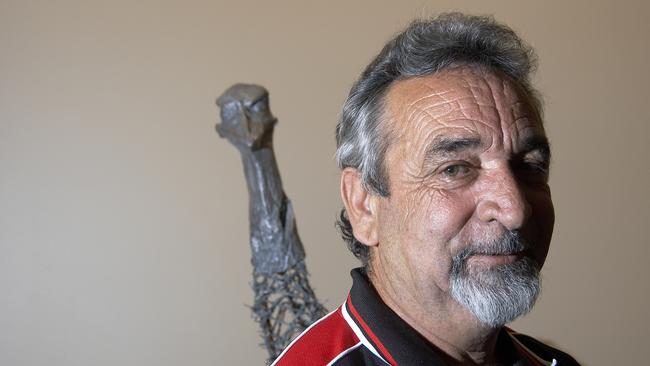 Artist Laurie Nilsen poses in front of his award-winning art work titled 'Barbed Wire Emus' in 2007.