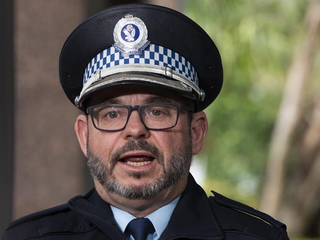 Superintendent Rodney Hart speaking outside Bankstown Police Station. Picture: NewsWire / Monique Harmer