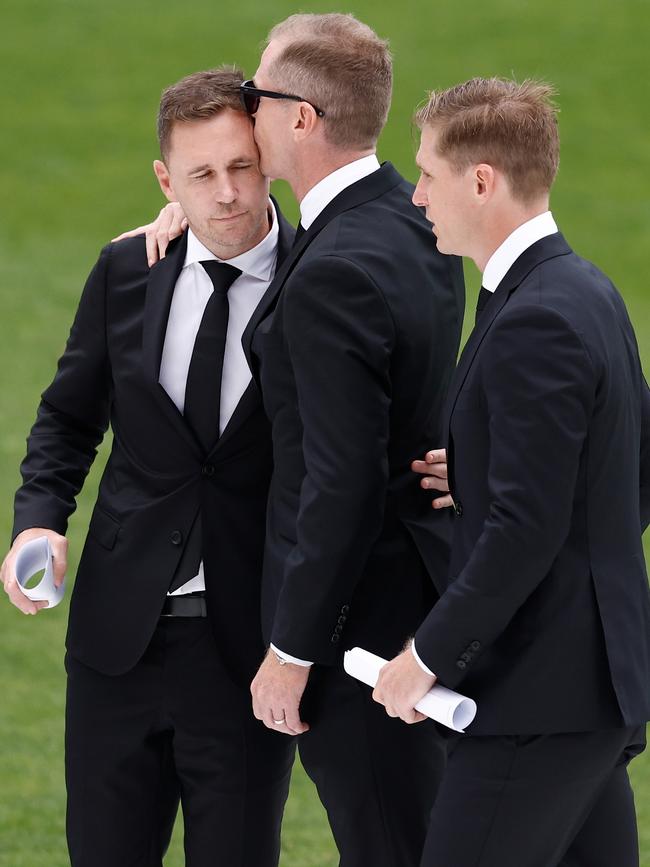 And with brothers Joel and Scott at Troy’s funeral. Picture: Michael Willson/AFL Photos