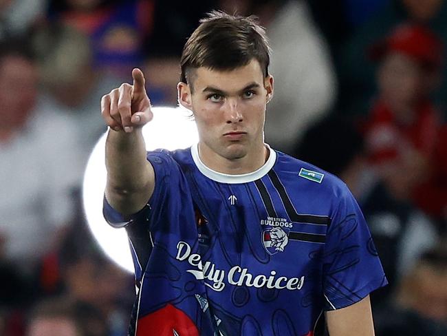 MELBOURNE, AUSTRALIA - MAY 23: Sam Darcy of the Bulldogs points during the 2024 AFL Round 11 match between the Western Bulldogs and the Sydney Swans at Marvel Stadium on May 23, 2024 in Melbourne, Australia. (Photo by Michael Willson/AFL Photos via Getty Images)