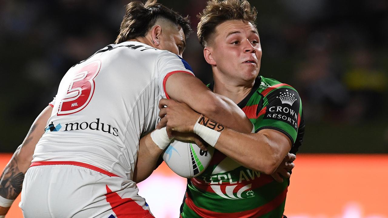 Blake Taaffe runs the ball for the Rabbitohs against the Dragons at Sunshine Coast Stadium. Picture: Dan Peled/Getty Images