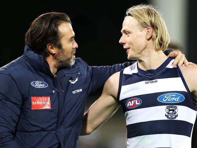 Chris Scott and Zach Guthrie embrace in Canberra. Picture: Mark Kolbe/Getty Images