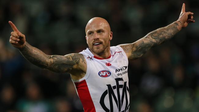 Nathan Jones celebrates a goal against Port Adelaide.