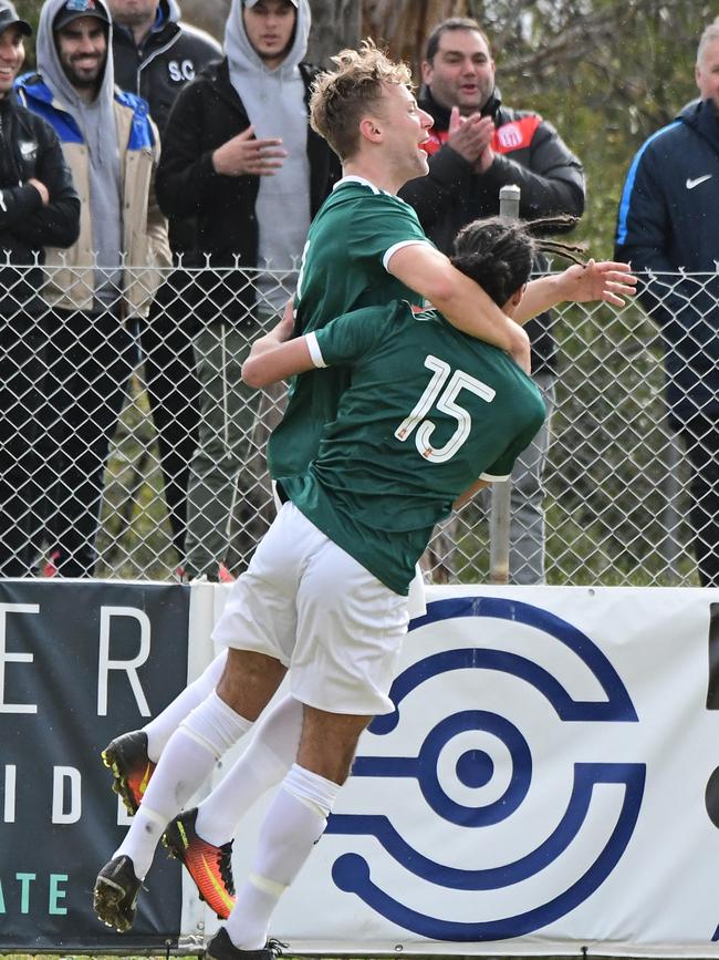 Samuel Mason-Smith celebrates after scoring for Geelong against Preston Lions. Picture: Stephen Harman