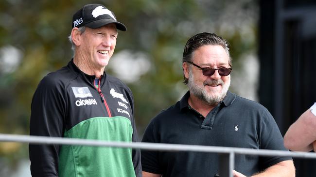 Actor Russell Crowe and coach Wayne Bennett seen during a South Sydney Rabbitohs training session in Sydney, Tuesday, September 10, 2019. The Rabbitohs are set to play the Sydney Roosters in an NRL Finals match at the SCG on Friday. (AAP Image/Joel Carrett) NO ARCHIVING