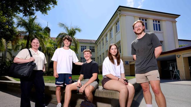 L to R, Maggie Ekert from Lutwyche, Caden Griffiths from Seven Hills, Pat Murray from The Gap, Jessica Johnson from Springwood, Corey Heaton from Carindale, younger voters as to whether they know Miles or Crisafulli and have they seen any of the TikTok videos, Kelvin Grove  - on Tuesday 8 of October 2024 - Photo Steve Pohlner