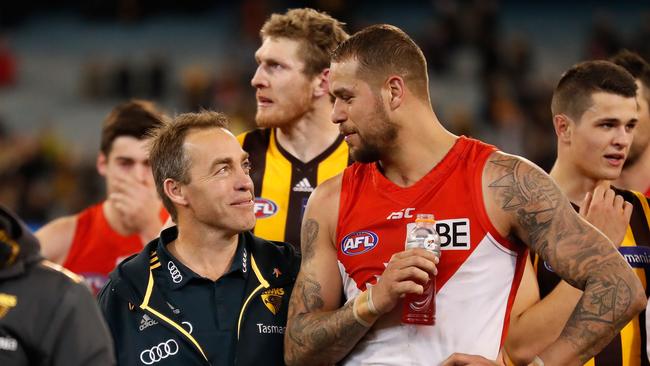 Clearly no hard feelings between the pair. Photo by Michael Willson/AFL Media/Getty Images