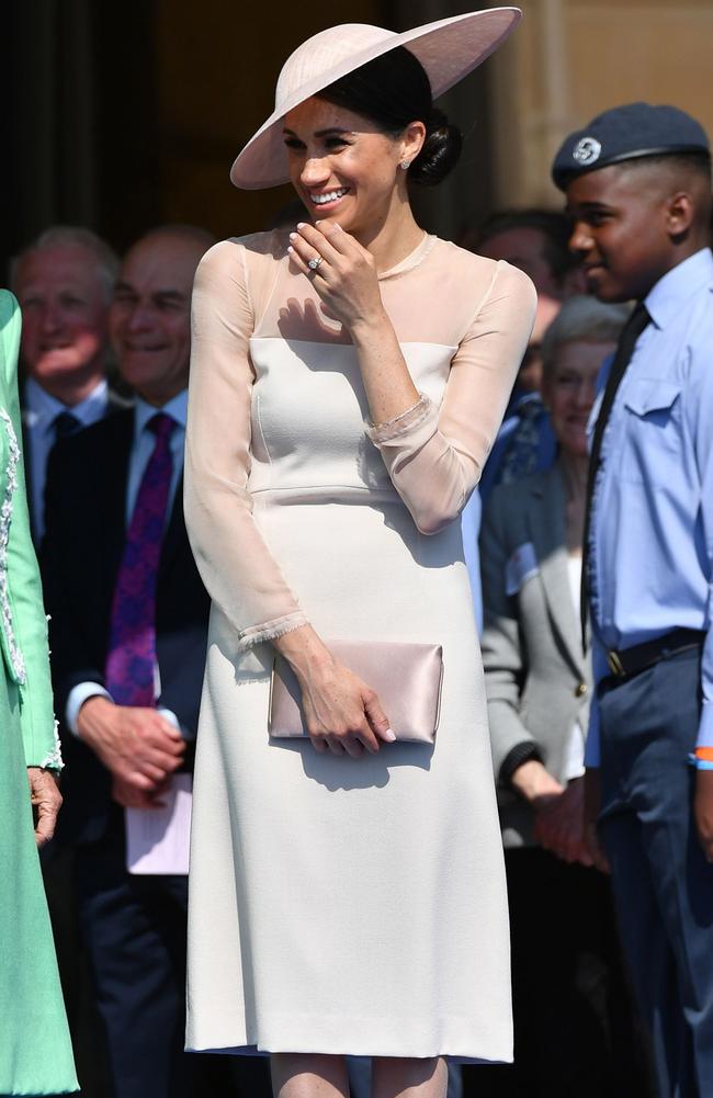 The Duchess of Sussex wears a dress by British label Goat to her new father-in-law’s 70th birthday celebration at Buckingham Palace. Picture: George Rogers/SIPA/MEGA