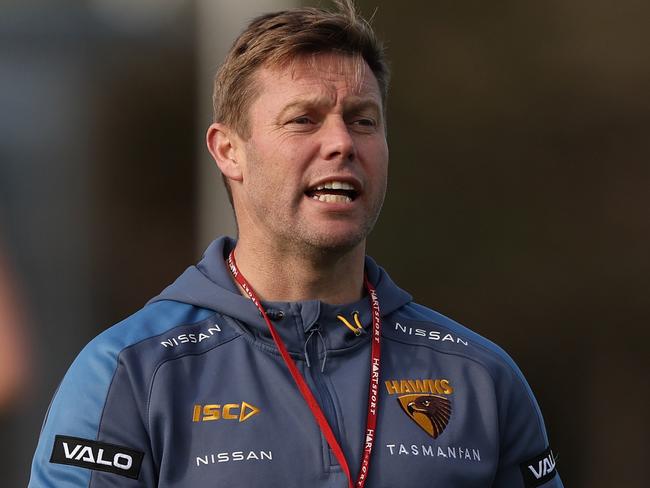 MELBOURNE, AUSTRALIA - JUNE 22: Hawks coach, Sam Mitchell is seen during a Hawthorn Hawks AFL training session at Waverley Park on June 22, 2023 in Melbourne, Australia. (Photo by Robert Cianflone/Getty Images)