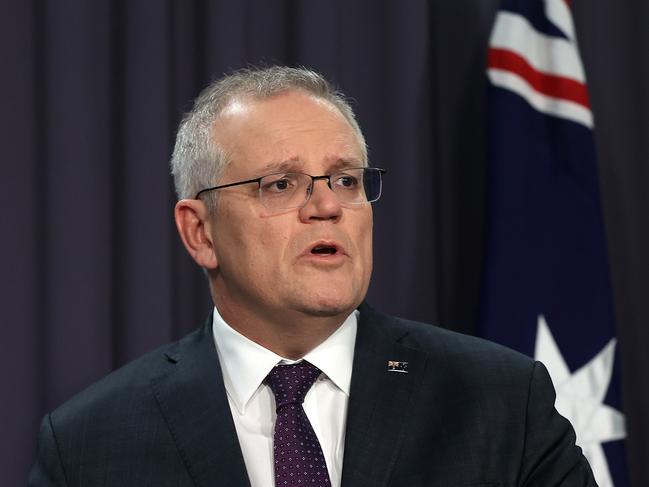 Prime Minister Scott Morrison during a press conference after the National Cabinet meeting. Picture: NCA NewsWire / Gary Ramage