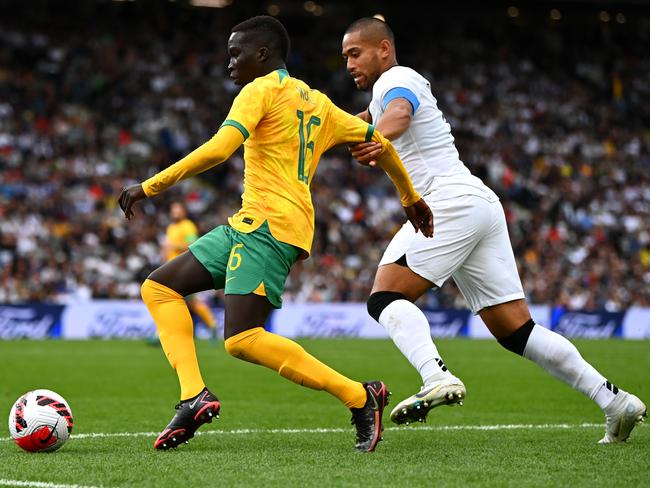 Kuol had an immediate impact off the bench for the Socceroos in their 2-0 win at Eden Park. Picture: Hannah Peters/Getty Images