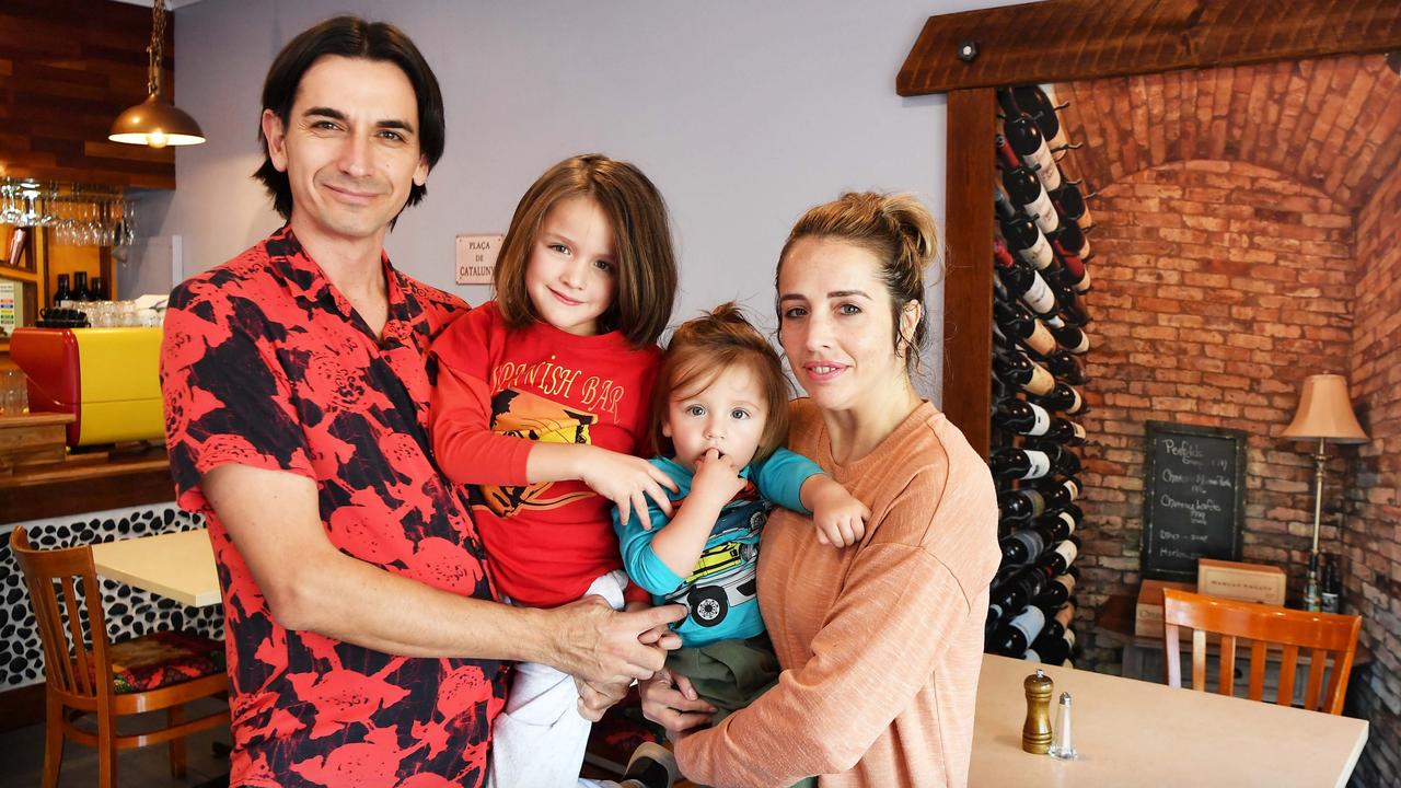 Owners Adriano and Mary-Joe Gonzalez of Spanish Bar, Buderim. Picture with their children, Bruno 4, and Dhiago, 15 months. Photo: Patrick Woods.