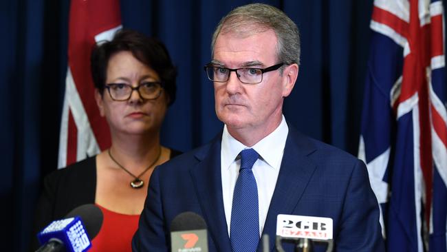 NSW Labor leader Michael Daley, flanked by his then deputy Penny Sharpe, speaks to the media in Sydney yesterday. Picture: AAP