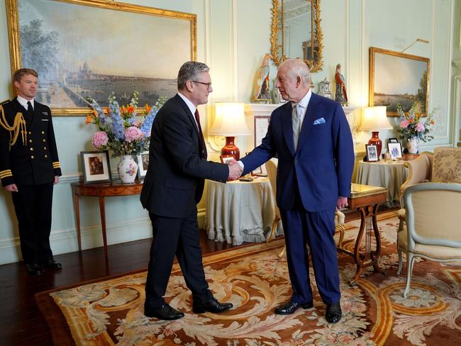 King Charles III welcomes Sir Keir Starmer during an audience at Buckingham Palace, London, where he has been invited to become Prime Minister and form a new government. Picture: Getty Images