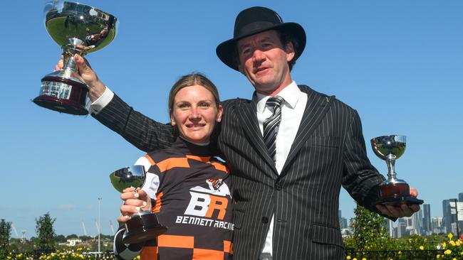 Jockey Jamie Kah and trainer Ciaron Maher combined to win the Group 1 Australian Guineas with Southport Tycoon. Picture: Getty Images.