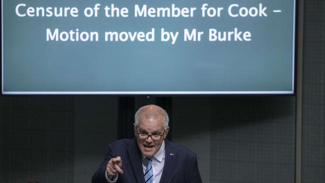 Former Prime Minister Scott Morrison facing a censure motion over the secret minister scandal, at Parliament House in Canberra. Picture: NCA NewsWire / Gary Ramage