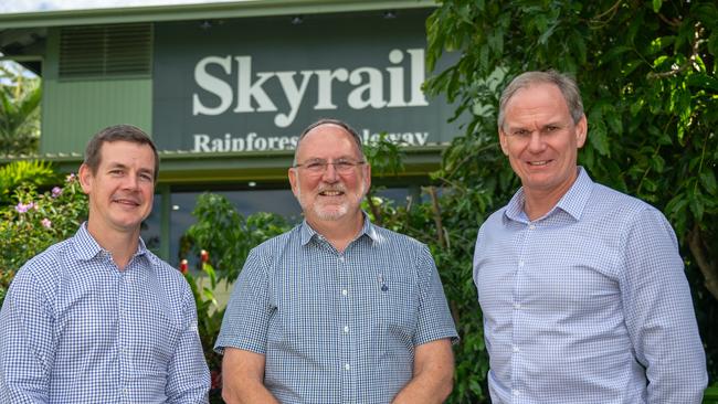 Commonwealth Bank's Group Executive for Business Banking Michael Vacy-Lyle, Chairman of Skyrail Rainforest Cableway Ken Chapman and CBA's Executive General Manager Regional and Agribusiness Banking, Paul Fowler. Picture Emily Barker.