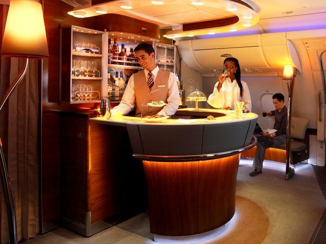 A bar in the first and business class lounge on board Emirates A380 planes. Supplied by Emirates, no credit necessary