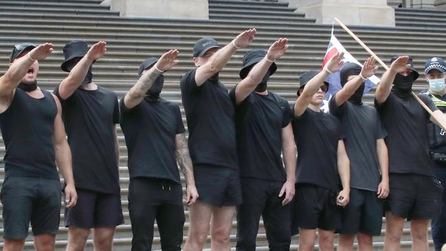 A far right-wing group gave Nazi salutes on the steps of parliament. Picture: NCA NewsWire / David Crosling