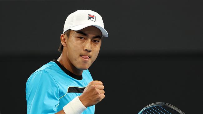 Rinky Hijikata of Australia after winning a point at the Adelaide International in January, 2024. Picture: Sarah Reed/Getty Images.