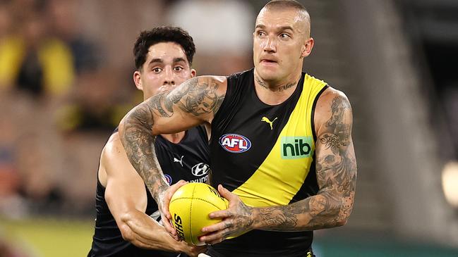 Even Richmond’s Dustin Martin had no answer to the Blues’ late charge. Picture: Michael Klein