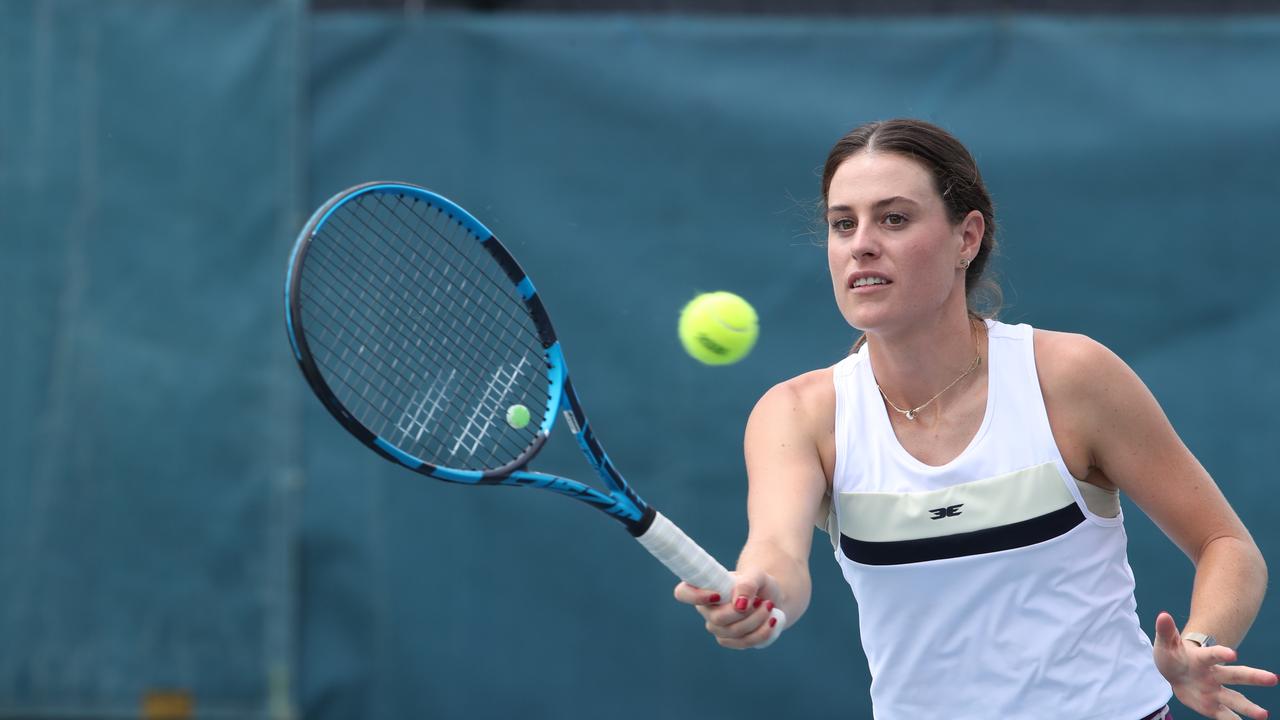 Gold Coast top tennis player Kim Birrell training at Queens Park in Southport, a club run by her parents. Picture: Glenn Hampson.