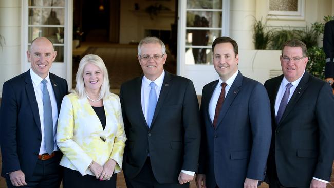 Stuart Robert, Assistant Treasurer, Karen Andrews-Industry science and Technology, Prime Minister Scott Morrison, Steven Ciobo, Minister for Defence Industry and Scott Buchholz-Assistant Minister for Raods and Transport at Government House in Canberra Picture Kym Smith