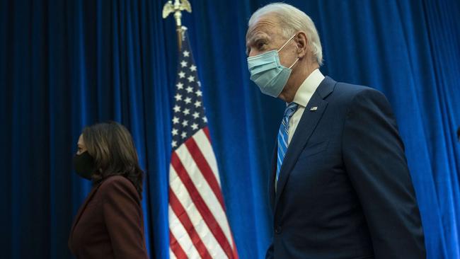 Democratic presidential nominee Joe Biden and vice presidential nominee Senator Kamala Harris, leave this morning’s press conference. Picture: Drew Angerer/Getty Images/AFP