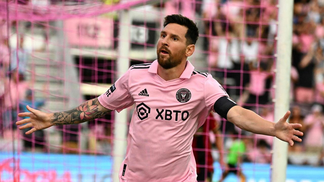 Inter Miami's Argentine forward Lionel Messi (C) celebrates after scoring the team's first goal during the Leagues Cup football match between Inter Miami CF and Atlanta United FC at DRV PNK Stadium in Fort Lauderdale, Florida, on July 25, 2023. (Photo by CHANDAN KHANNA / AFP)
