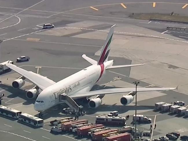 The plane had just completed a 14-hour journey from Dubai. Picture: WABC 7 via AP