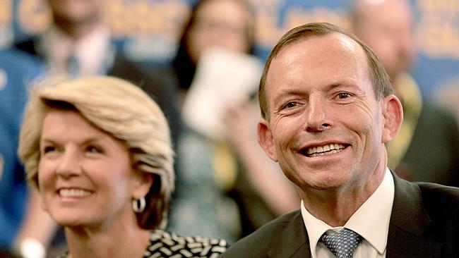 Cashed up ... the Liberal Party received $13 million in declared donations before the 2013 Federal election. Pictured are Julie Bishop and Prime Minister Tony Abbott. Picture: Mark Cranitch.