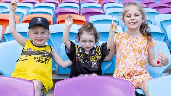 Louie Reagan, Sahara Ilett and Mia Reagan at the NTFL prelim finals on Saturday afternoon. Picture: Floss Adams.