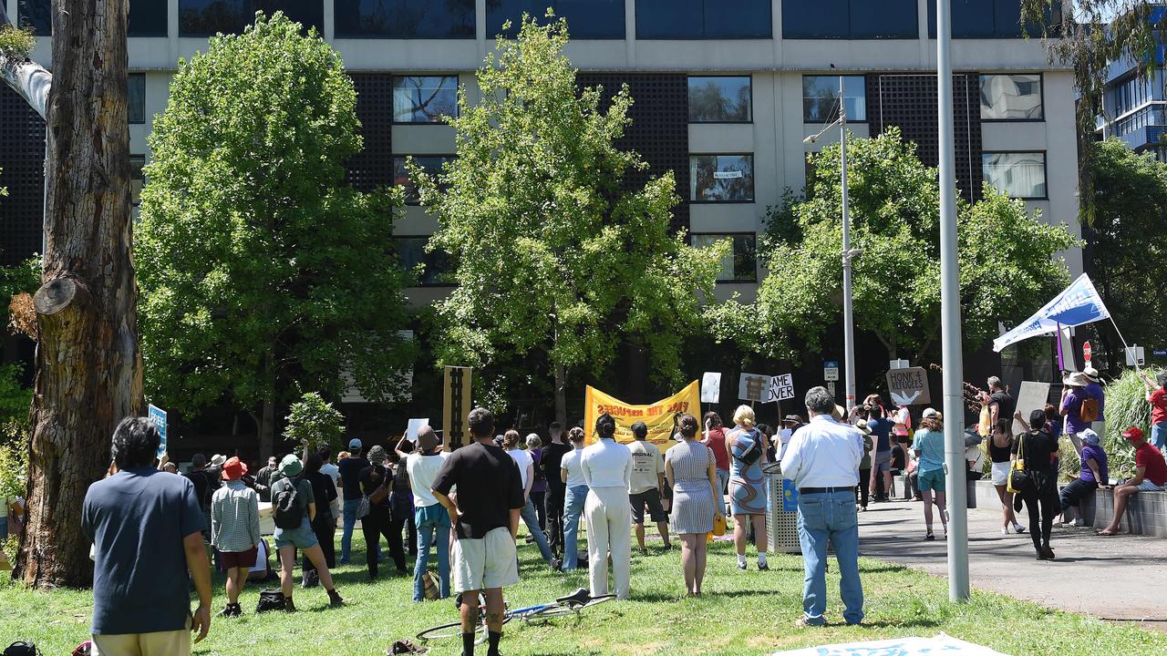 Asylum seeker supporters hold a rally outside The Park Hotel in Carlton. Picture: Josie Hayden