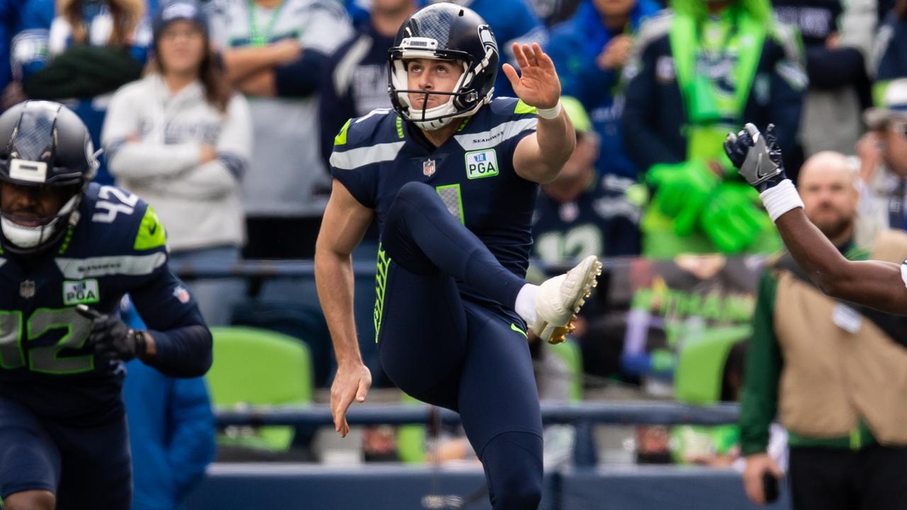 Seattle Seahawks punter Michael Dickson (4) wears an international flag  decal and a Crucial Catch logo on his helmet during an NFL football game  against the New Orleans Saints, Sunday, Oct. 9