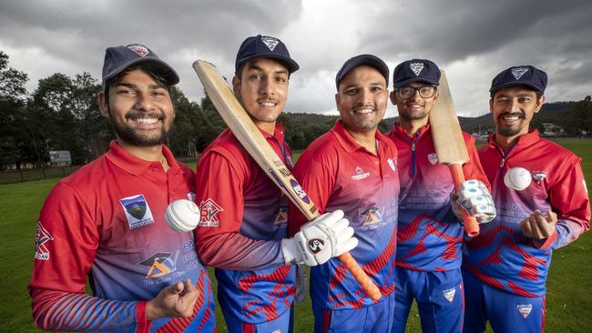 The Gurka Legends Cricket Club members Aashish Sapkota, Sandip Adhikari, Prakash Upreti, Khem Raj Poudel and Lalit Lamsal (Anzit) at Risdon Vale. Picture: Chris Kidd