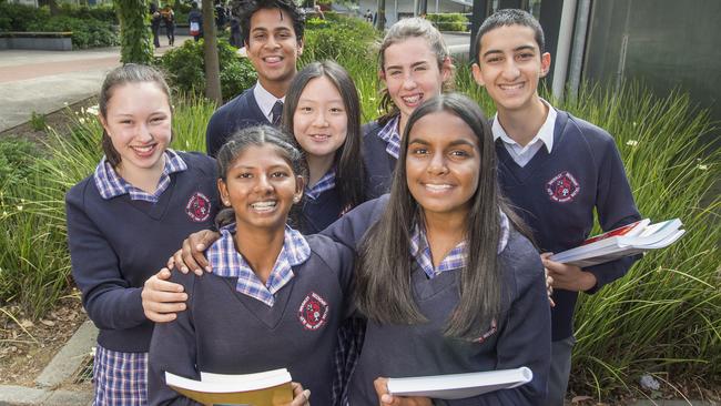 Amy Basham, Faith Lee, Yathavan Thaveesan, Amritha Ramachandran, Kasey Wooliey, Lashuana Lawrence and Arshia Abouzia celebrate Glen Waverley Secondary being among the best performing schools in NAPLAN over five years. Picture: Rob Leeson