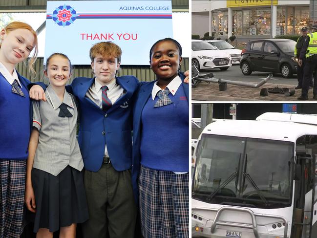 The courageous efforts of students Ella Murdoch, Courtney Bond, Daniel Knight and Emma Kuveya from Aquinas College, who were on a bus when the driver suffered a medical episode, were acknowledged at a special school assembly. QAS paramedics, Aquinas College Principal Marcus Richardson and a member of the police Forensic Crash Unit were also there. Picture Glenn Hampson