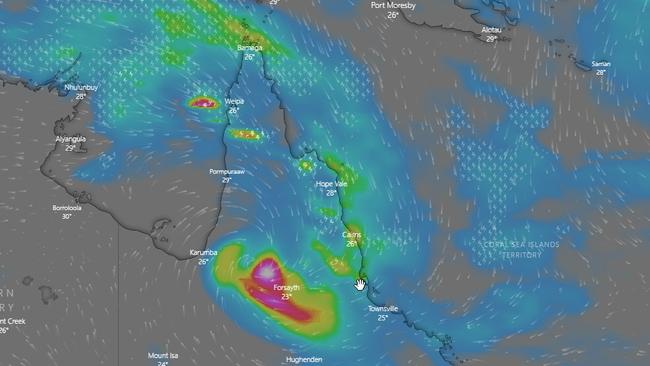 Tropical cyclone Imogen has weakened to a tropical low but remains a dangerous system with widespread flooding rainfall expected over northern Queensland. PICTURE: WINDY.