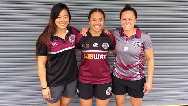 Destiny Brill with two of her mentors at Marsden SHS, fellow Queensland players Asako Ono and Cobie-Jane Morgan.