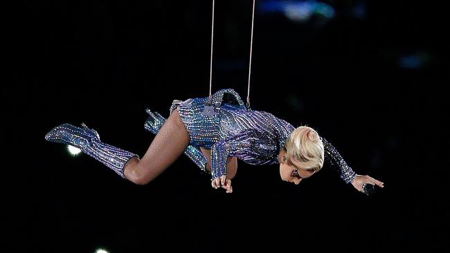 Lady Gaga’s performance was full of theatrics and an epic leap. Picture: Bob Levey/Getty Images/AFP.