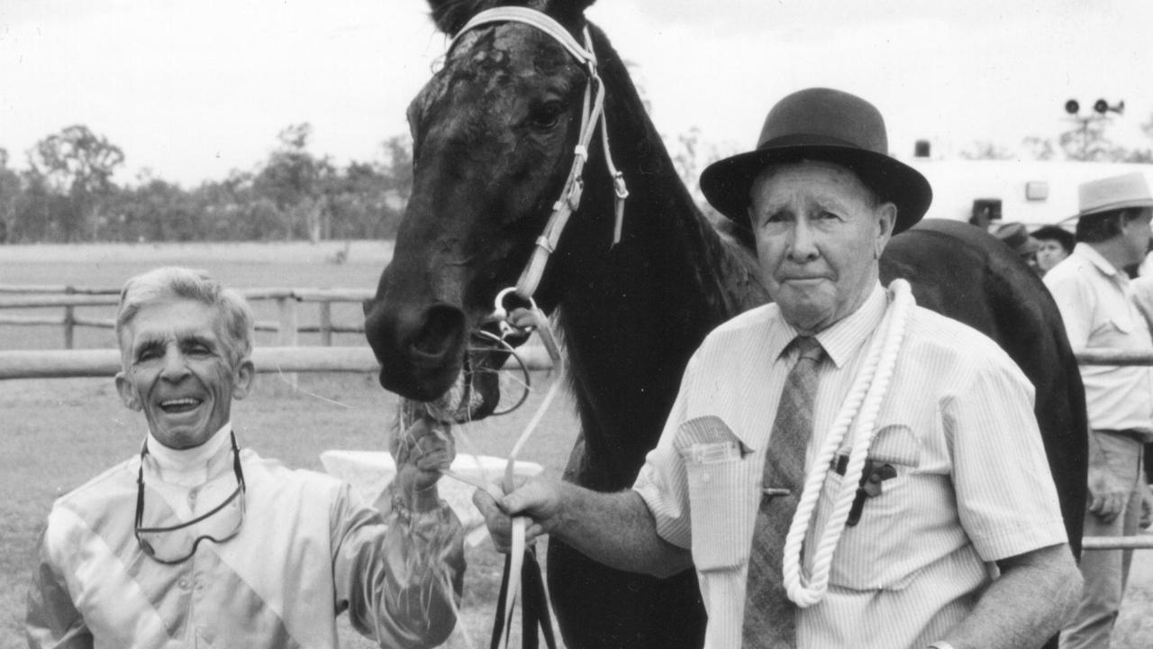 BIG WIN: Jockey Bill Barnes and owner trainer Mick Moloney from Riverview, Chahpingah were all smiles after Star Bunk won race two at Burrandowan in 1992. Photo contributed