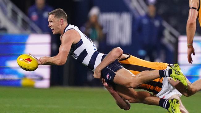 Joel Selwood stood tall for the Cats. Picture: AAP Image/Scott Barbou