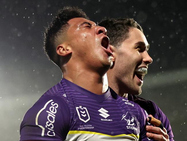 AUCKLAND, NEW ZEALAND - JUNE 15: Dean Ieremia of the Storm celebrates after scoring a try during the round 15 NRL match between New Zealand Warriors and Melbourne Storm at Go Media Stadium Mt Smart, on June 15, 2024, in Auckland, New Zealand. (Photo by Hannah Peters/Getty Images)