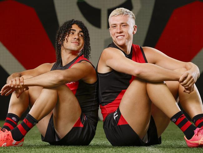 DO NOT USE FOR SATURDAYS MARCH 14 PAPERÃ NCA. MELBOURNE, AUSTRALIA. 13th March, 2025 .  AFL.  Essendon young guns and good mates Nate Caddy and Isaac Kako ahead of Friday nights season opener at the MCG against the Hawks . Picture: Michael Klein