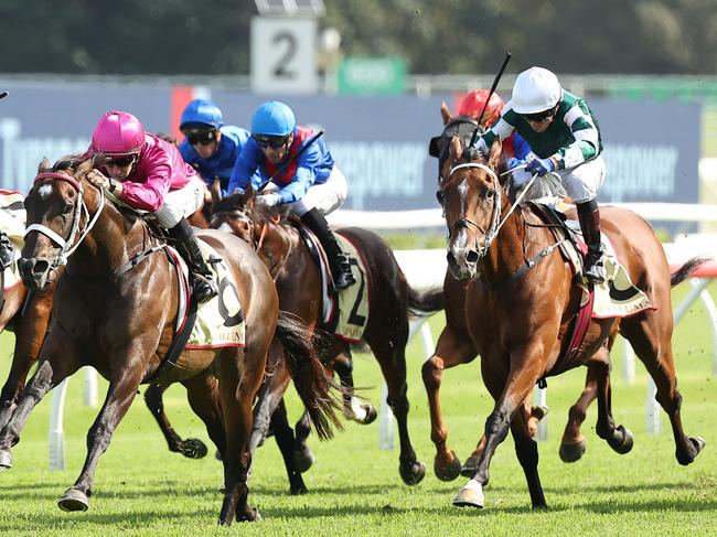 SYDNEY, AUSTRALIA - FEBRUARY 15: Jason Collett riding Fangirl win Race 8 Apollo Stakes during Sydney Racing at Royal Randwick Racecourse on February 15, 2025 in Sydney, Australia. (Photo by Jeremy Ng/Getty Images)