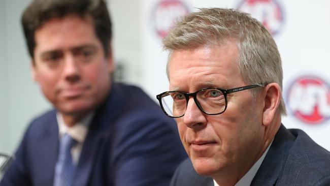 AFL chief executive Gillon McLachlan and AFL general manager football operations Steve Hocking. Picture: Scott Barbour/Getty Images