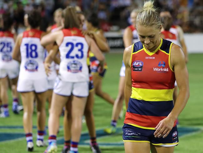 ADELAIDE, AUSTRALIA - FEBRUARY 02: Erin Phillips of the Crows after the loss during the 2019 NAB AFLW Round 01 match between the Adelaide Crows and the Western Bulldogs at Norwood Oval on February 02, 2019 in Adelaide, Australia. Photo by AFL Media/Getty Images)