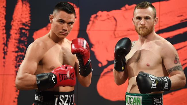 SYDNEY, AUSTRALIA - NewsWire Photos FEBRUARY, 15, 2021: Tim Tszyu and Dennis Hogan pose for a photo at Fox Sports Studios in Sydney. Picture: NCA NewsWire/Joel Carrett