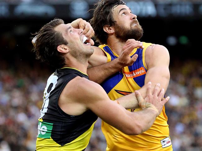 AFL : Round 3 , Richmond V West Coast Eagles at the Melbourne Cricket Ground (M.C.G.)  8th  April,    Richmond's Alex Rance battles with West Coast's Josh KennedyPicture : George Salpigtidis